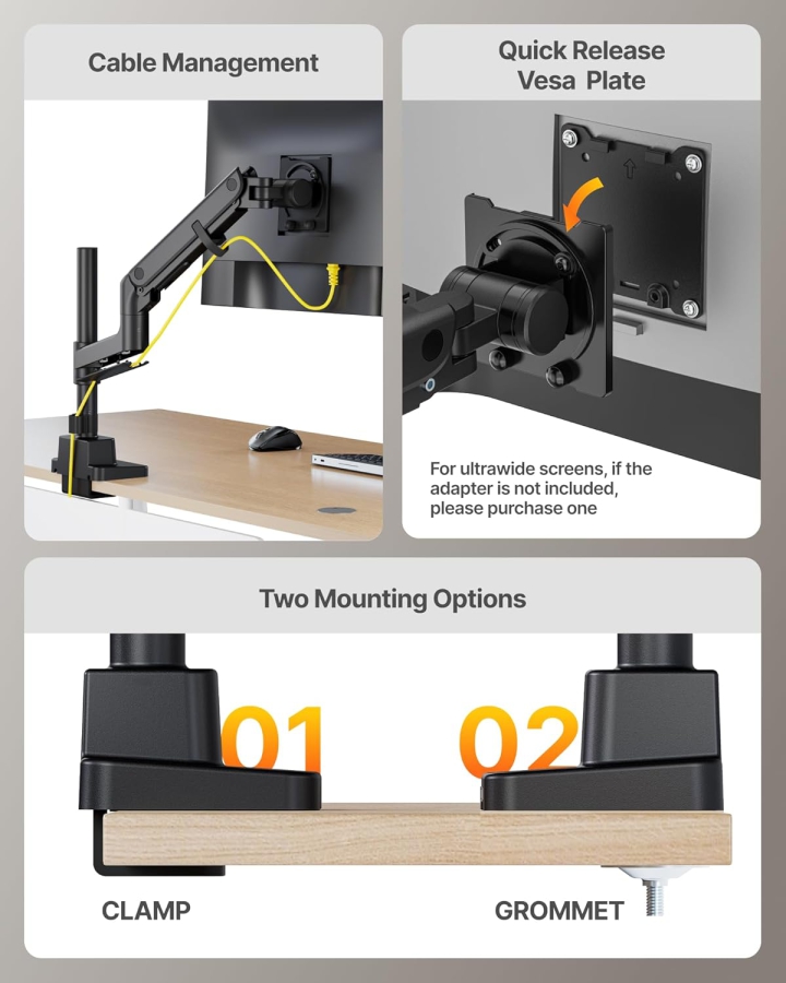 monTEK bras de moniteur Heavy-Duty - 1 moniteur - [17-57" / jusqu’à 27 kg] - USB-C & mât central XXL